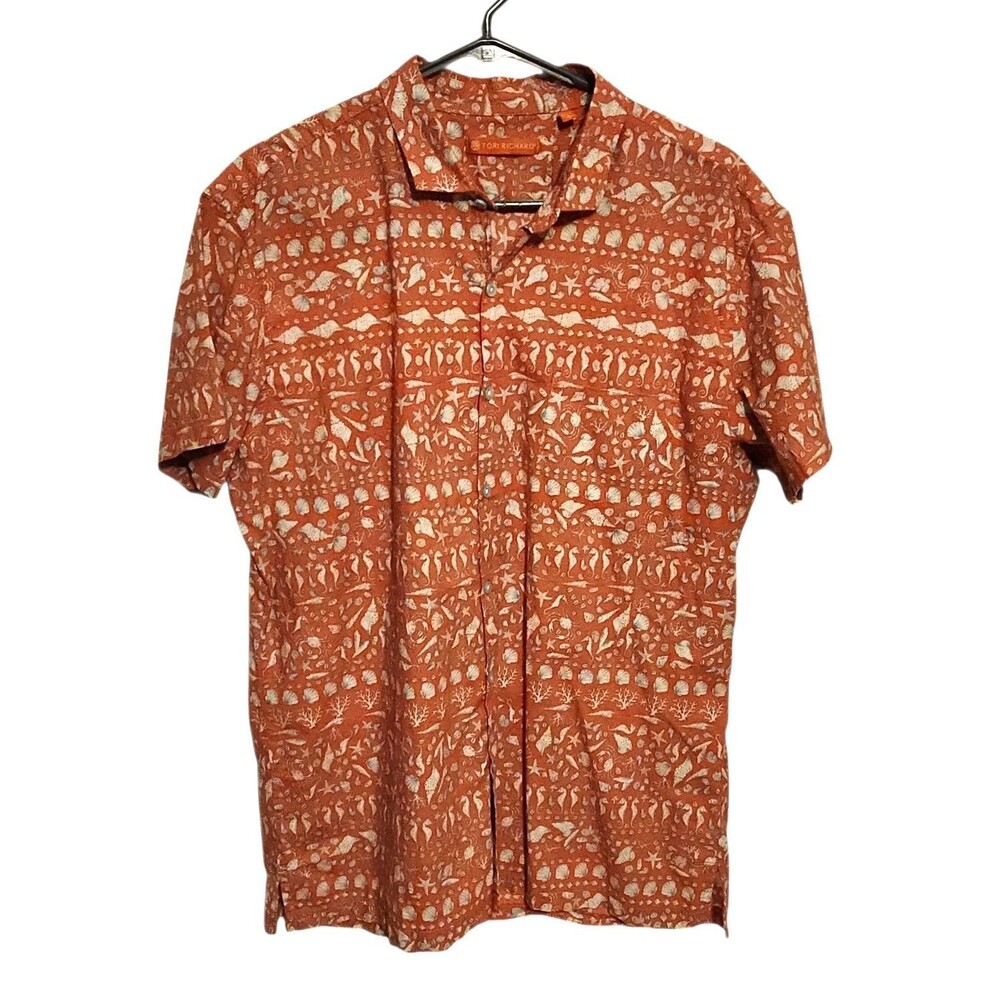 Tori Richard Short Sleeve Shirt Orange w/ Sea Life Print Made in Hawaii Mens L